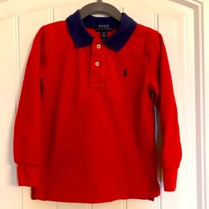 Polo Ralph Lauren long sleeve polo shirt. Size 3T, red color with navy collar.